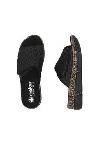 Black slide sandals with textured floral strap and a cushioned black sole featuring a speckled brown accent along the edge.