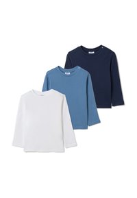 Drei langärmlige T-Shirts in Weiß, Hellblau und Marineblau. Baumwollmaterial mit runden Ausschnitten und Druckknopfdetails an den Schultern.