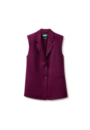 Mouwloze diep paarse blazer met inkeping revers, twee knopen aan de voorkant en twee zijzakken, plat gelegd op een witte achtergrond.