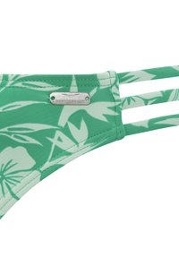 Parte inferiore di costume da bagno verde con motivo floreale, realizzata in materiale elasticizzato. Presenta un'etichetta metallica con la scritta "VENICE BEACH" e cinturini laterali sovrapposti.