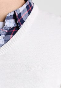 Homme portant un pull blanc à col en V par-dessus une chemise boutonnée à carreaux bleu et rouge, montrant le col et la partie supérieure de la poitrine.