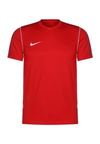 Rotes Sport-T-Shirt mit kurzen Ärmeln, Rundhalsausschnitt, weißen Akzenten und einem Nike-Logo auf der linken oberen Brustseite. Hergestellt aus atmungsaktivem Material.