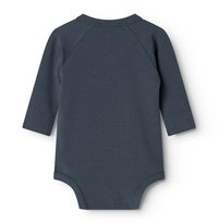 Dug ruki bodi za bebe u tamnoplavoj pamuku, s okruglim izrezom i tijesnim fitom. Bez vidljivih uzoraka ili akcenata.