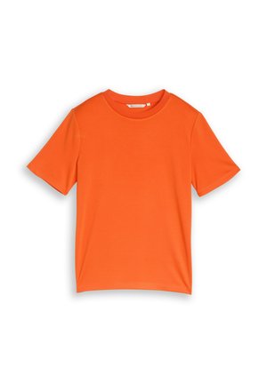 Hellorangene Kurzarm-Rundhalsshirt mit schlichtem Design, flach auf weißem Hintergrund präsentiert.