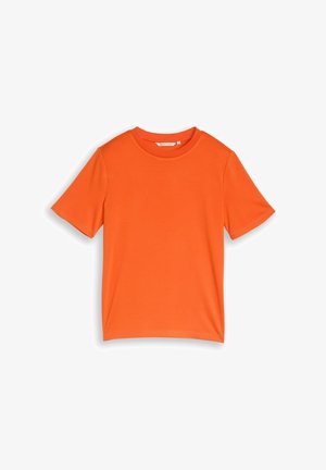 Hellorangene Kurzarm-Rundhalsshirt mit schlichtem Design, flach auf weißem Hintergrund präsentiert.