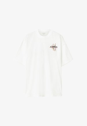 Hvid t-shirt med korte ærmer, rund halsudskæring, med et farverigt motiv og teksten "ALLSAINTS" på venstre brystområde. Blød bomuldstekstur.