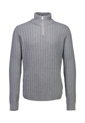 Grå strikket sweater med lange ærmer, en høj ribbet krave og en kort lynlås foran.
