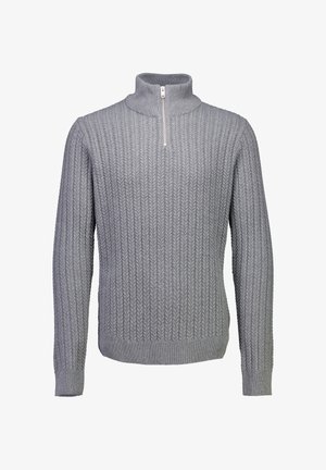 Szary sweter dzianinowy z długimi rękawami, wysokim żeberkowym kołnierzem i krótkim zamkiem z przodu.