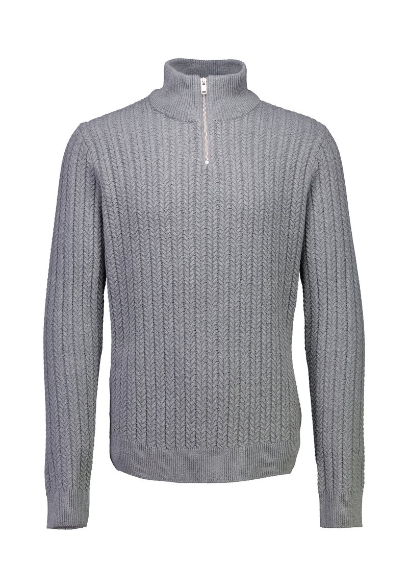 Maglione grigio lavorato a maglia con maniche lunghe, colletto alto a coste e zip corta sul davanti.
