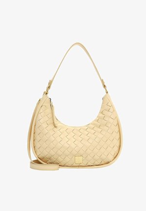 Beige gewebte Lederhandtasche mit kurzem Griff und abnehmbarem langem Riemen, ausgestattet mit einem Reißverschluss und einem kleinen geprägten quadratischen Logo auf der Vorderseite.