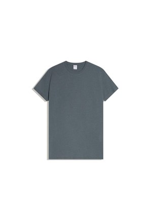 Unisex t-shirt med korte ærmer og rund hals i ensfarvet mørkegrå, vist fladt på en hvid baggrund.