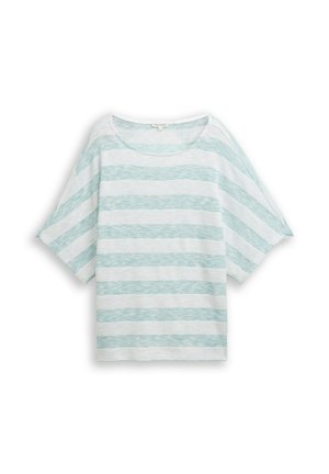 Kurzärmeliges, locker gestricktes Oberteil mit breiten horizontalen Streifen in Minzgrün und Weiß, Rundhalsausschnitt und lockerem Sitz.