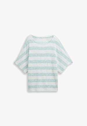 Kurzärmeliges, locker gestricktes Oberteil mit breiten horizontalen Streifen in Minzgrün und Weiß, Rundhalsausschnitt und lockerem Sitz.