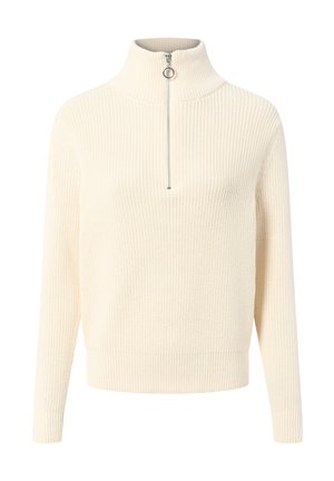 Cremfarbener Pullover mit hohem Kragen, Viertelreißverschluss, strukturiertem Strickmuster sowie gerippten Bündchen und Saum.
