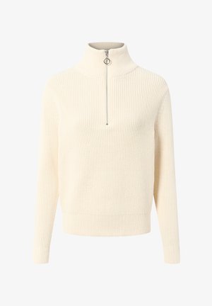 Cremfarbener Pullover mit hohem Kragen, Viertelreißverschluss, strukturiertem Strickmuster sowie gerippten Bündchen und Saum.