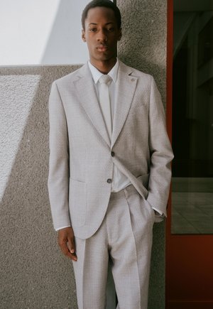 Mann im hellgrauen karierten Anzug und weißer Krawatte steht mit einer Hand in der Tasche vor einer strukturierten Wand und einem roten Türrahmen.