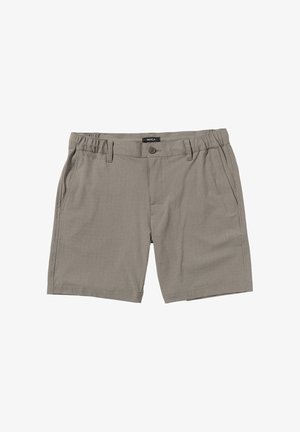 Men's light brown casual shorts with elastic waistband, button closure, belt loops, and side pockets, laid flat on white background.