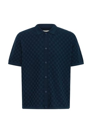 Marineblå, kortærmet skjorte med knapper, tekstureret ternet mønster og klassisk krave.