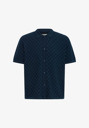 Marineblå, kortærmet skjorte med knapper, tekstureret ternet mønster og klassisk krave.