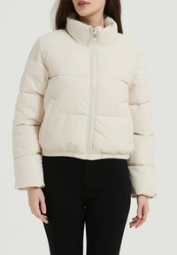 Veste doudoune beige avec col montant, fermeture éclair à l'avant et design court avec couture horizontale. Comprend des poches latérales et des poignets élastiques.