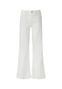 Witte flared jeans van denim, met een klassiek vijf-pocket ontwerp en een sluiting met een knoop aan de voorkant. Soepele textuur zonder patronen.
