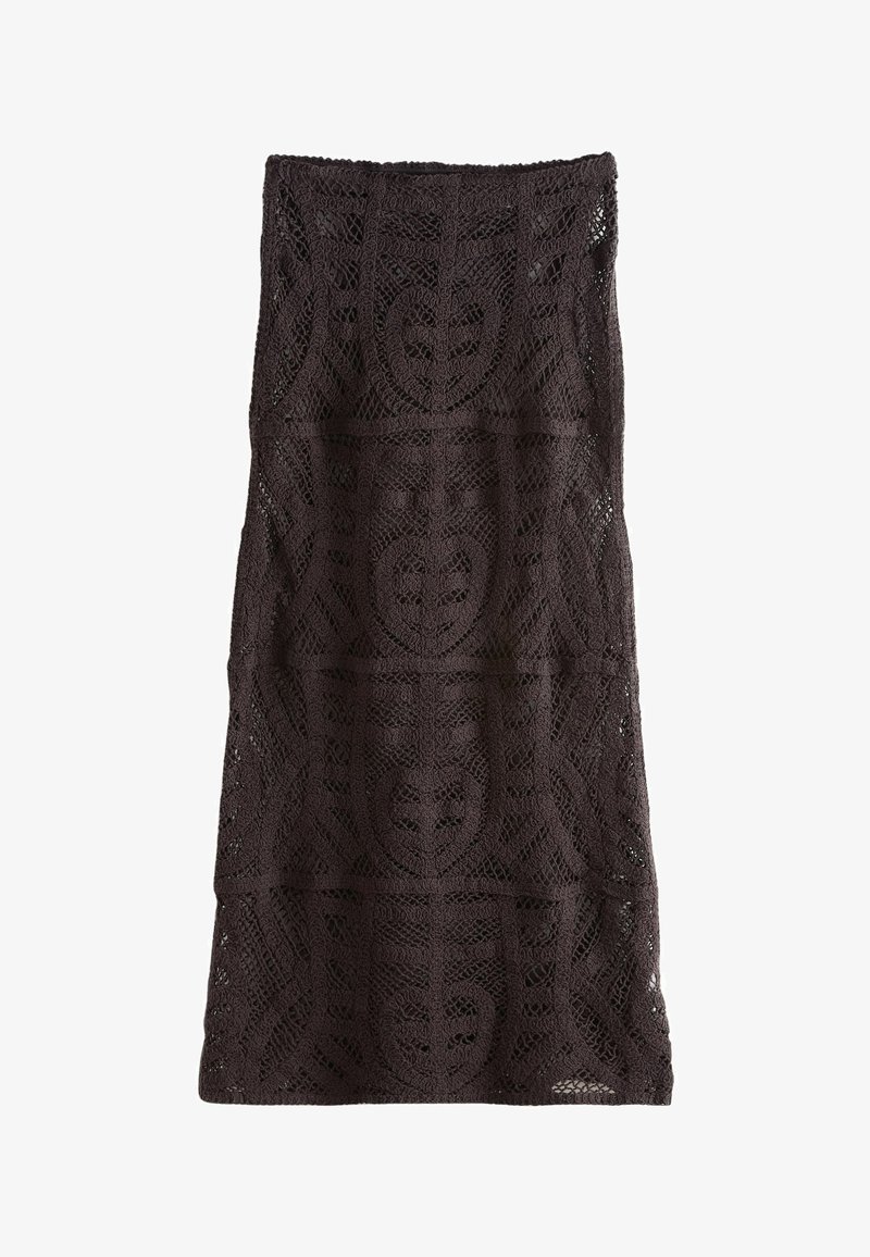 Jupe au crochet noire longueur genou avec motifs géométriques et feuillage, coupe droite et ourlet festonné.