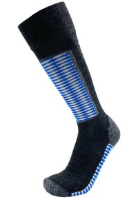 Schwarz kniehohe Socke mit einem blau und grau gestreiften Strickmuster. Verfügt über verstärkte Zehen- und Fersenpartien sowie einen strukturierten Stoff.