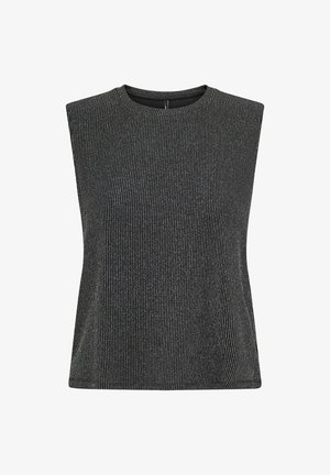 Czarny bezrękawnik z okrągłym dekoltem, o prążkowanej fakturze z delikatnymi metalicznymi paskami na całej tkaninie.