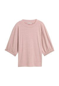 Haut à manches courtes, rose clair, fabriqué en tissu doux. Il présente un col rond et des manches froncées. Design simple avec une coupe décontractée.