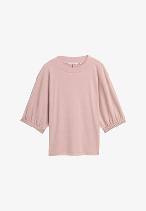 Haut à manches courtes, rose clair, fabriqué en tissu doux. Il présente un col rond et des manches froncées. Design simple avec une coupe décontractée.