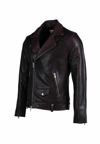 Tumeveerpunane nahast mootorratturite jakk, millel on sälk krae, lühem ette tõmmatav tõmblukk, küljetaskud ja hõbedasest toonist riistvara detailid.