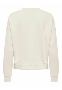 Sweatshirt à manches longues couleur crème avec des poignets et un ourlet côtelés, vu de dos sur un fond blanc uni.