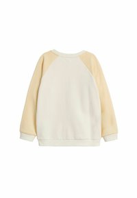 Ljus creamfärgad sweatshirt med gula raglanärmar, rund hals och ribbade manschetter. Mjuk textur, avslappnad passform, minimal detaljering.