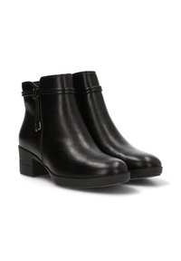 Botas de cuero negras hasta el tobillo con una textura suave, diseño básico, tacón bajo en bloque y un nudo decorativo en el tobillo para un detalle adicional.