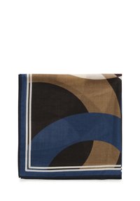 Bufanda con patrones geométricos en azul, marrón y negro, con bordes blancos en contraste. Fabricada en una suave tela texturizada.