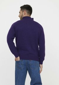 Pull tricoté violet avec un col montant, des poignets côtelés et un ourlet. Associé à un jean en denim bleu, affichant une coupe décontractée et un design informel.