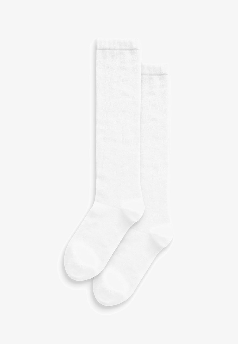 White knee-high socks made of smooth cotton blend fabric with a breathable texture, featuring a reinforced toe and ribbed top.