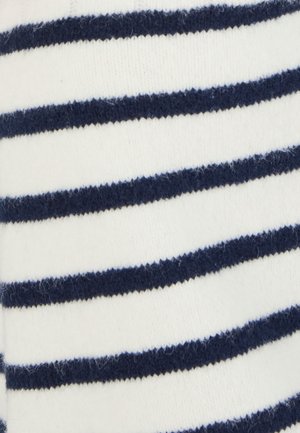 Tejido a rayas con franjas horizontales alternas en azul marino y blanco, textura de punto con un acabado suave y ligeramente borroso.