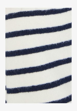 Tessuto a righe con bande orizzontali alternate di blu navy e bianco, texture a maglia con finitura morbida e leggermente pelosa.