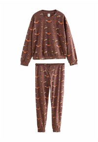 Children’s brown long-sleeve sweatshirt and pants set with an orange fox and white wing pattern, elastic cuffs, and drawstring waistband.