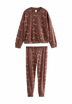 Kinder Sweatshirts und Hose Set in Braun mit langen Ärmeln, versehen mit einem Muster aus einem orangefarbenen Fuchs und weißen Flügeln, elastischen Bündchen und einem Kordelzug am Bund.
