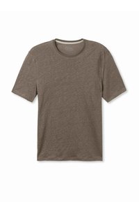 Braunes Kurzarm-T-Shirt aus weichem, strukturiertem Stoff. Verfügt über ein klassisches Rundhals-Design und eine lockere Passform. Einfacher und vielseitiger Stil.