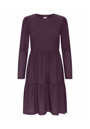 Robe longue à manches longues violette avec motif œillet, col rond, taille froncée et jupe à volants.