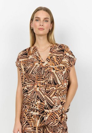 Short-sleeve blouse featuring a brown and cream abstract pattern, v-neckline, and loose fit with side pockets. Made from soft, lightweight fabric.