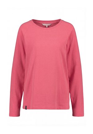 Long-sleeve pink crew neck shirt with raglan sleeves, small black logo tag near hem, displayed on a plain white background.