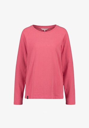 Long-sleeve pink crew neck shirt with raglan sleeves, small black logo tag near hem, displayed on a plain white background.