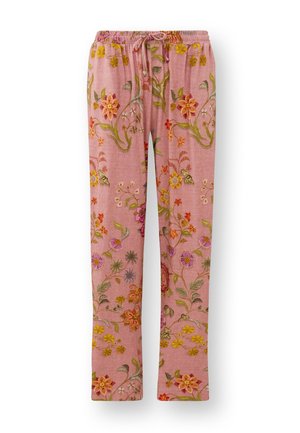 Rosa, bestickte Hose mit floralem Muster, die bunte Blumen und Blätter zeigt. Elastischer Bund mit Kordelzug für eine verstellbare Passform.
