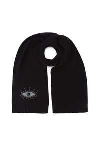Sciarpa nera a maglia con un design a occhio abbellito da strass, con un centro blu e accenti argentati, e estremità a coste.