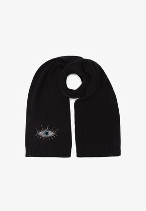 Écharpe en tricot noire avec un motif d'œil orné de strass, incluant un centre bleu et des accents argentés, et des extrémités côtelées.
