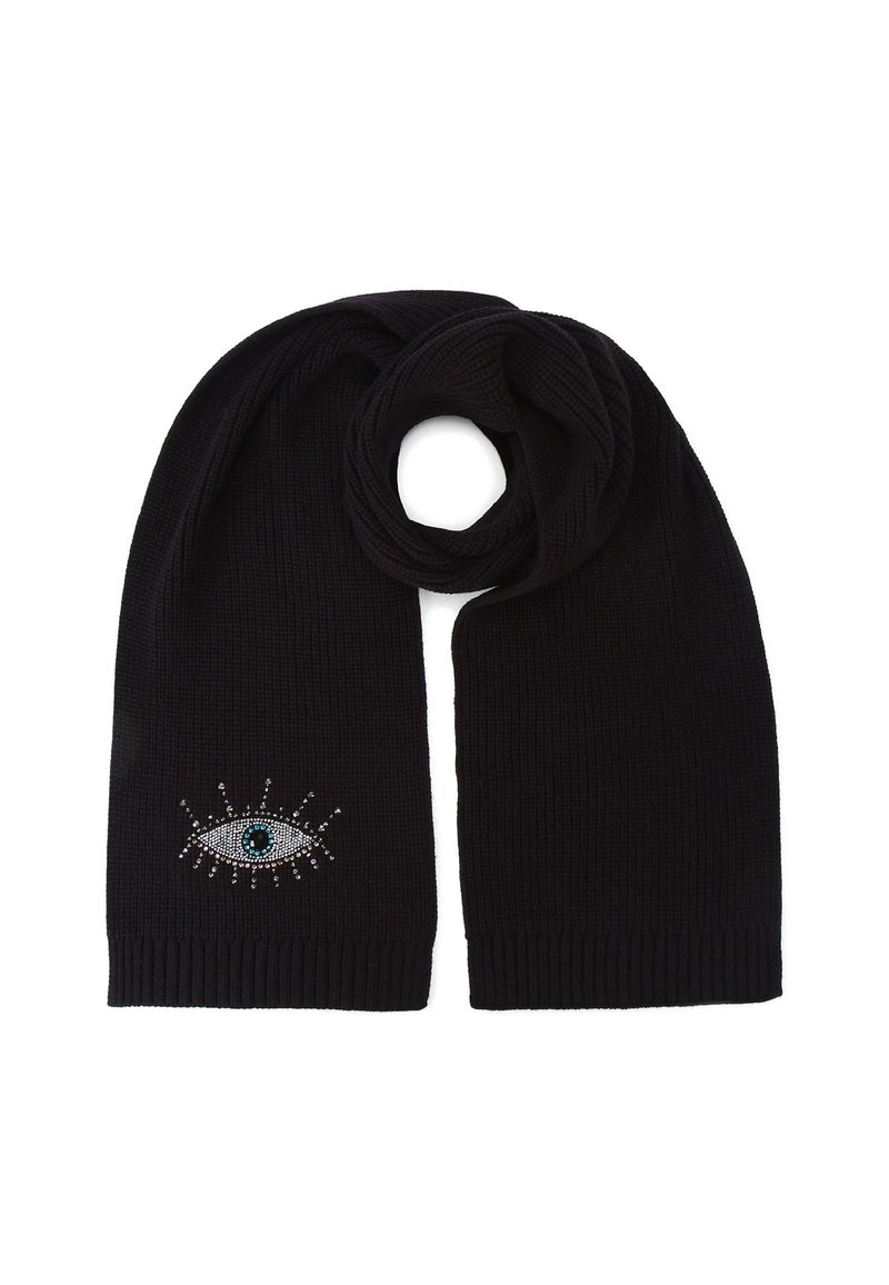 Sciarpa nera a maglia con un design a occhio abbellito da strass, con un centro blu e accenti argentati, e estremità a coste.